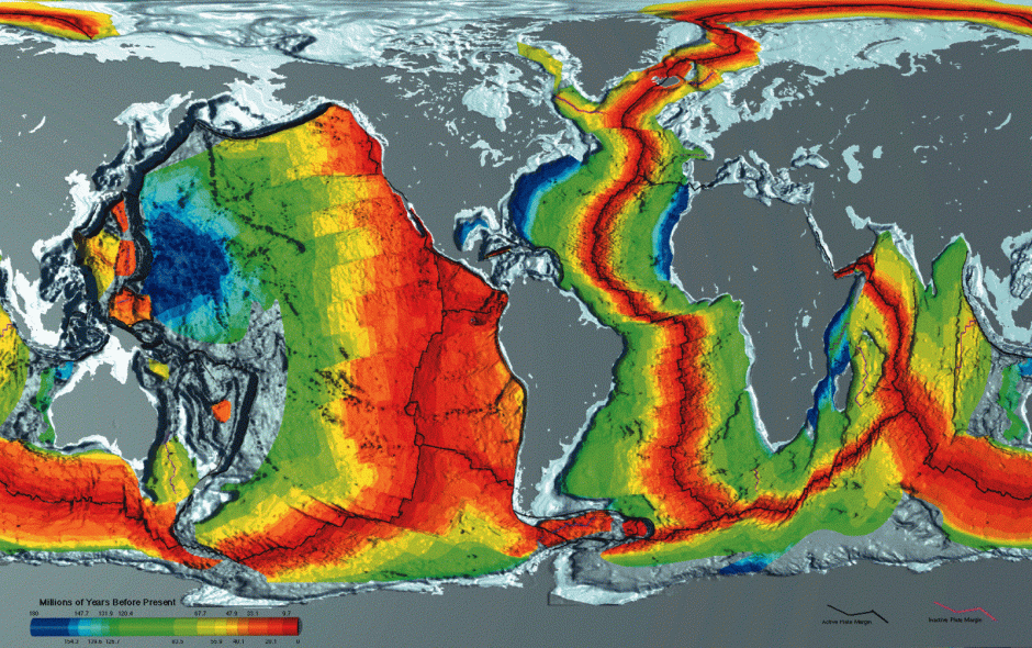 Age distribution of the ocean floor; image and data compilation from NOAA.