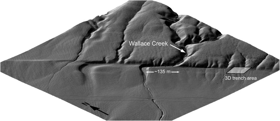Offset of a small creek along the San Andreas fault. Image from Zielke et al. (2012).
