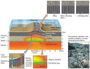 Cross section of oceanic crust at a mid-ocean ridge. Image from a lecture slide here.